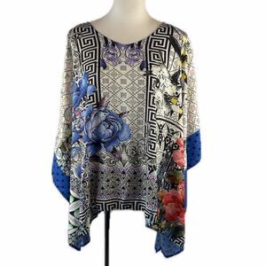 Tolani Boho Floral Mixed Print Poncho Caftan Top Sz XXS Slit Sides Artsy Resort